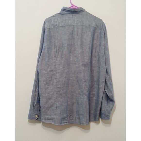 Ted Baker Men's Button Down Shirt Roll Tab Sleeves Linen Blue Size 6 - Picture 9 of 13